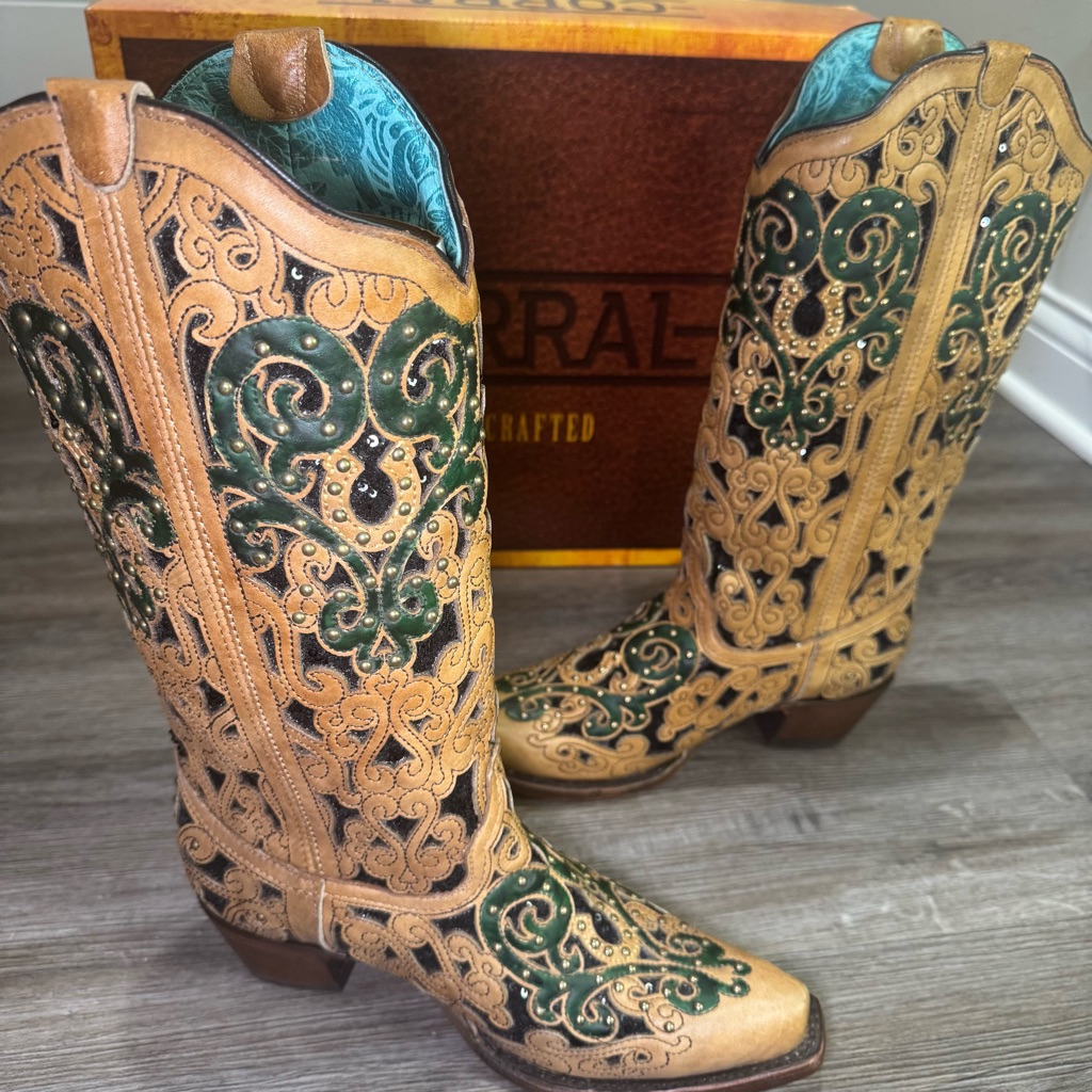 Corral Glitter Bull Skull Cowboy Western Brown Leather Boots A4406